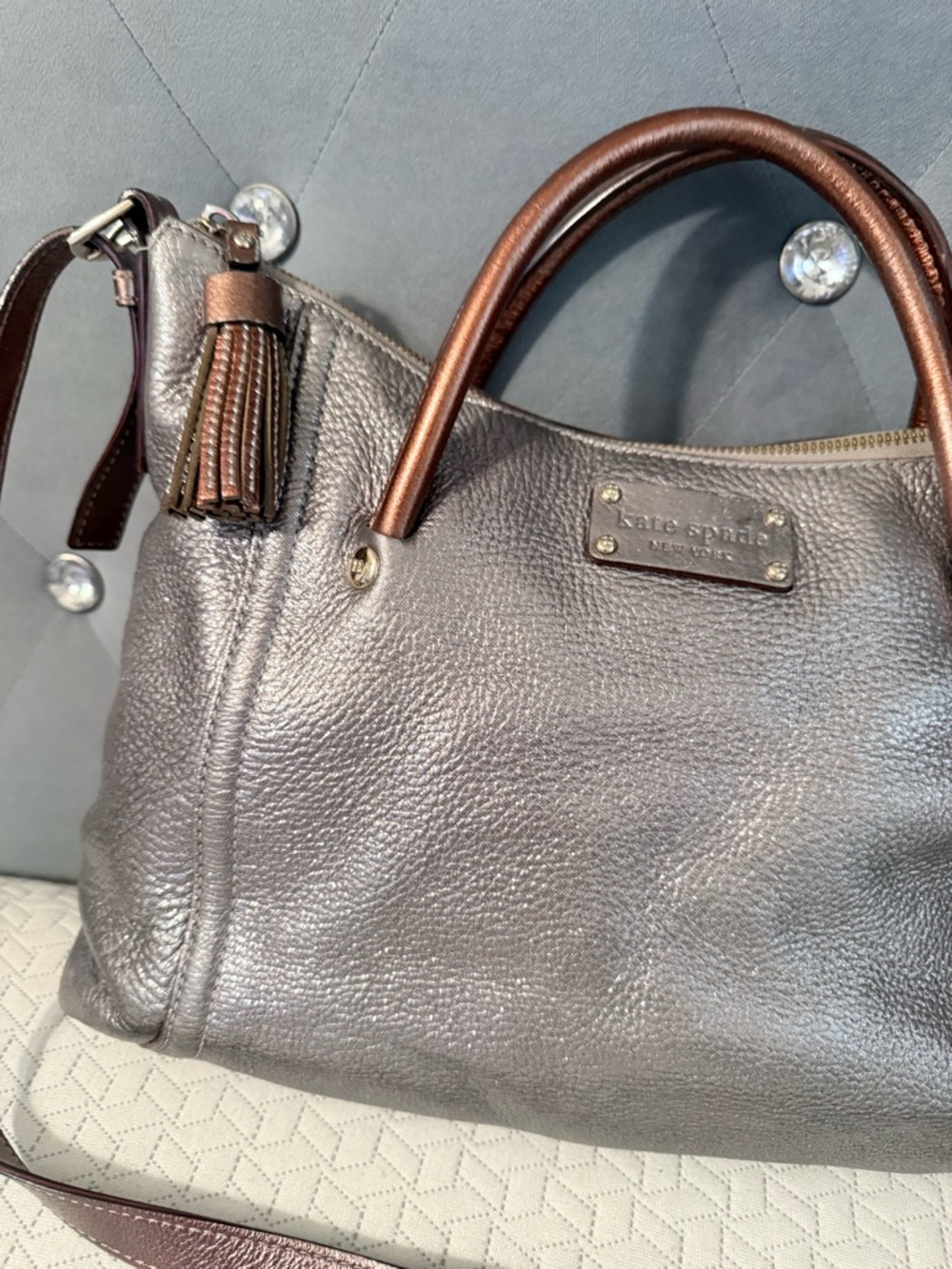 kate spade Metallic Gray Satchel with Brown Handles and Shoulder Strap - Picture 7 of 11